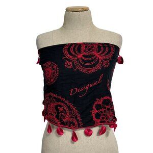 Desigual Womens Black & Red Floral Print Scarf Wrap With Pom Pom Detailing